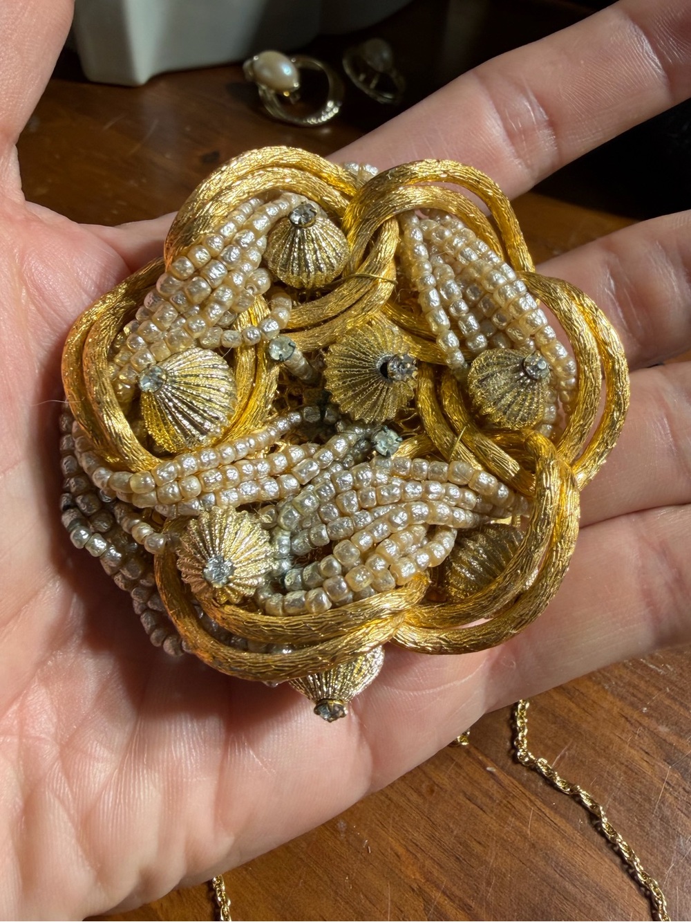 Vintage-Inspired Gold and Pearl Statement Brooch Necklace